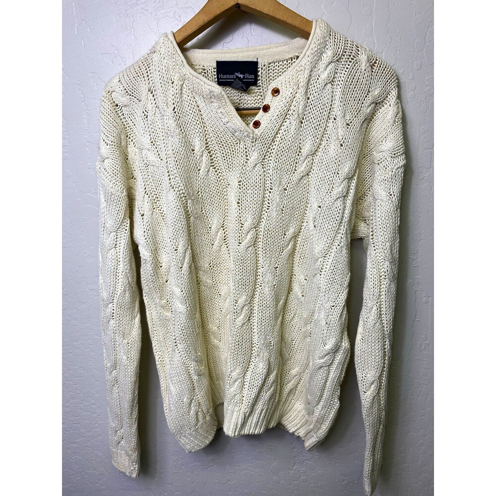Hunters Run Cable Knit V-Neck Sweater Womens Small Ivory Off White Ramie Cotton